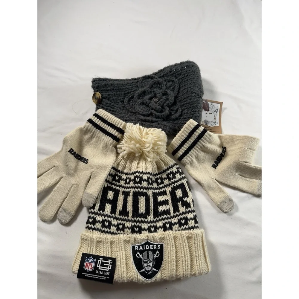 NFL Las Vegas Raiders Hat Gloves Set NWT Plus Knit Headband Neck Warmer